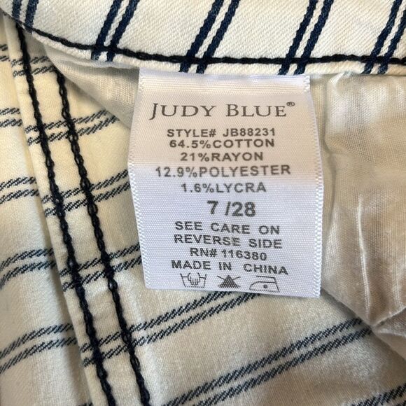 Judy Blue | Ultra High Rise Super Flare Raw Hem White Blue Stripe pants 7/28 - Picture 9 of 10